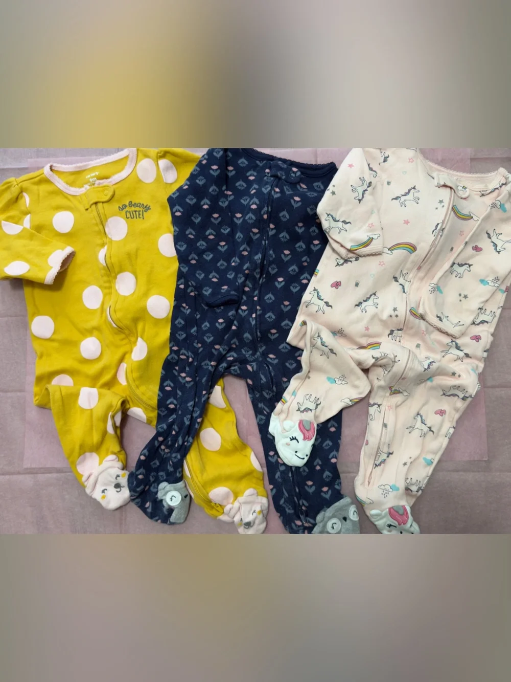 Carter's Girls Yellow Polka Dot, Navy Heart & Cream Unicorn Footed Pajama Set